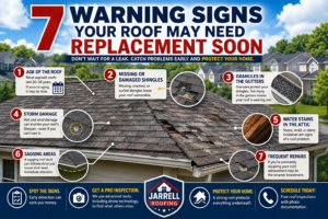Infographic showing seven warning signs that an Ohio asphalt shingle roof may need replacement including aging shingles, storm damage, granule loss, attic stains, sagging areas, and frequent repairs.