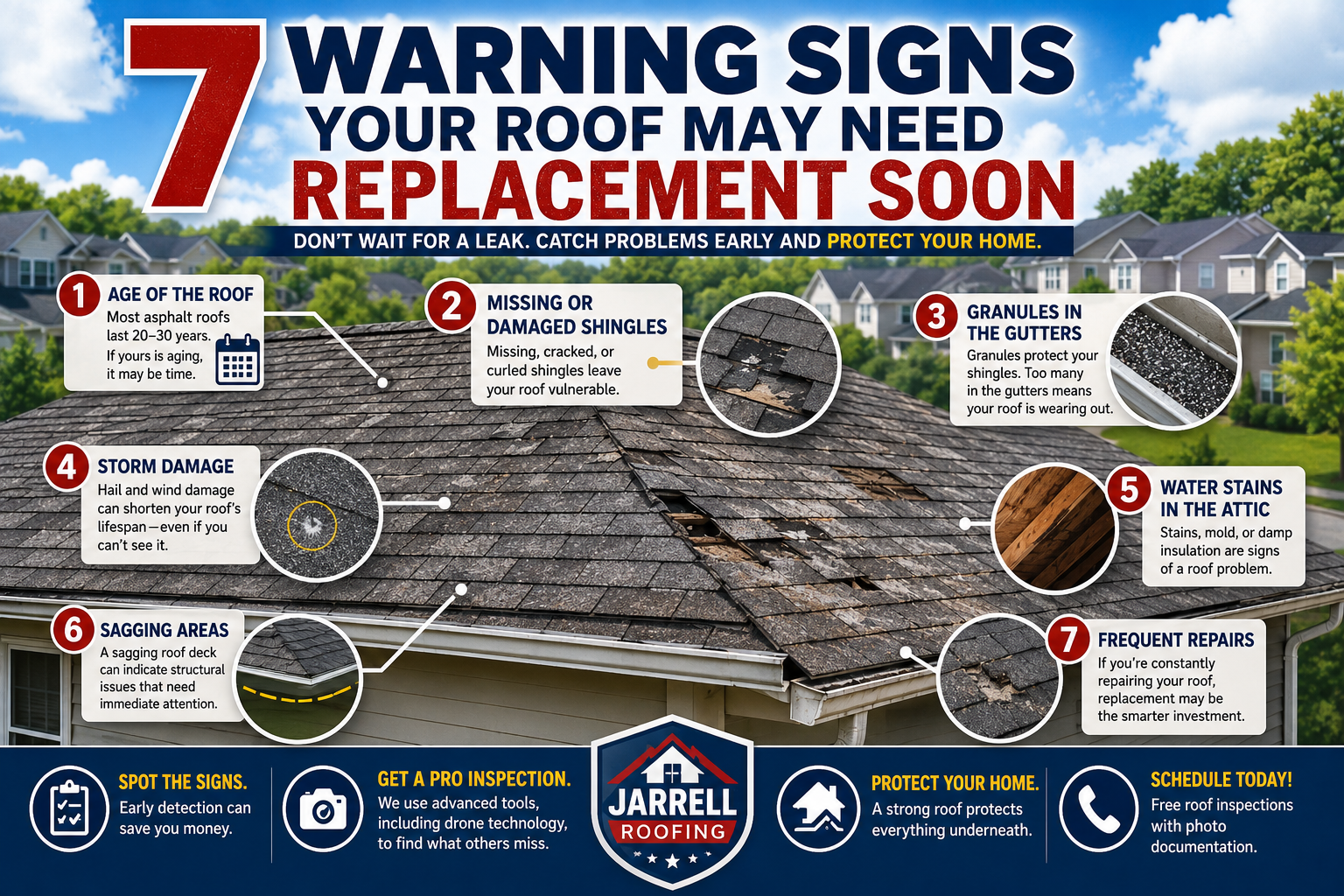 Infographic showing seven warning signs that an Ohio asphalt shingle roof may need replacement including aging shingles, storm damage, granule loss, attic stains, sagging areas, and frequent repairs.